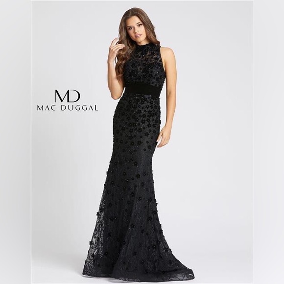 Mac Duggal Velvet Floral appliqué Modest Mermaid Gown - Picture 9 of 15